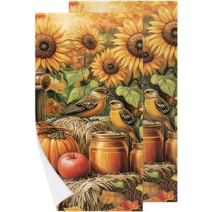 2 Piece Autumn Pumpkin Apples Hand Towels Set Sunflower Birds Bath Towel Soft Absorbent Bathroom Towels for Hotel Gym Spa Yoga Swim Sport, 28.3 x 14.4 inches