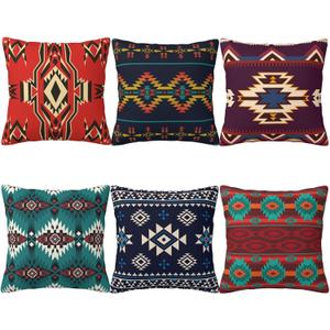 18x18 Inch Plush Throw Pillow Covers Set of 6, Double-Sided Southwestern Aztec Navajo Ethnic Geometric Pattern, Soft Decorative Cushion Covers with Hidden Zipper, No Insert