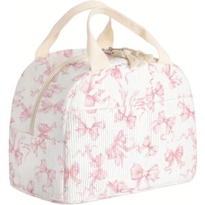 Insulated Lunch Box for Women and Men,Corduroy Lunch Bags for Work,Leakproof Adults Cooler Tote Bag for Offices,Picnic,Travel,Outdoor (Pink Bow) (Flowers)