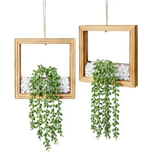 2 Pack Hanging Artificial Succulents Plants String of Tears - 7.8x7.8in Square Wooden Frame Vase with Stones & 2 LED Fairy Lights (On/Off Switch), Farmhouse Decor for Indoor Outdoor WallBurnt Wood