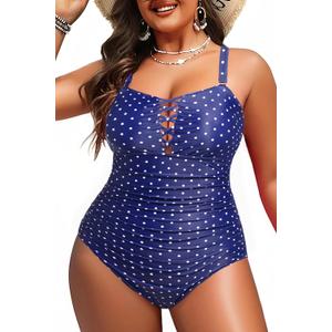 Yonique Women Plus Size One Piece Swimsuits Tummy Control Bathing Suits Vintage Swimwear, Size  16Plus  (Blue & White Dots)