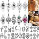TASROI 32 Sheets Sexy Black Lotus Temporary Tattoos For Women Girls Indian Tribal Lace Tatoo Sticker Neck, Mandala Flower Butterfly Rose Tattoo Temporary Dreamcatcher Elephant Henna Tattoo Kit Adults