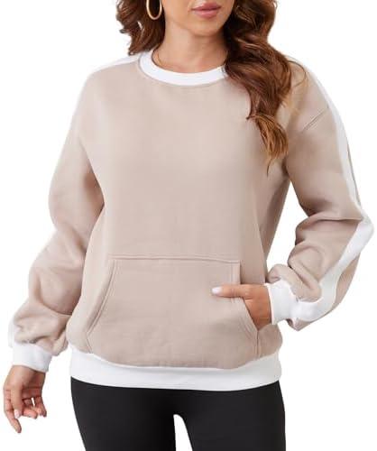 Sureple Women'S Fleece Sweatshirts Color Block Ribbed Crewneck Long Sleeve Pullover Tops Fall Winter Clothing With Pockets Small