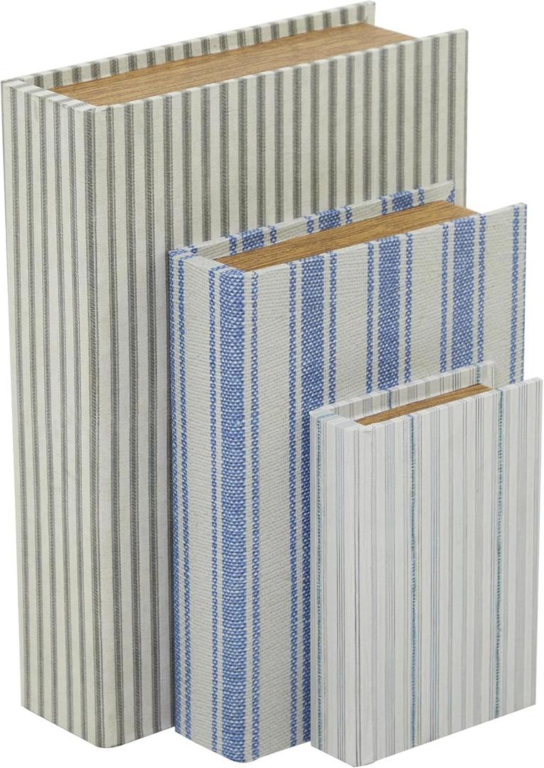 Deco 79 Canvas Decorative Box Faux Storage Book Book Shaped Boxes with Blue Striped Patterns, Set of 3 Decorative Keepsake Boxes 12", 9", 6"H, Cream