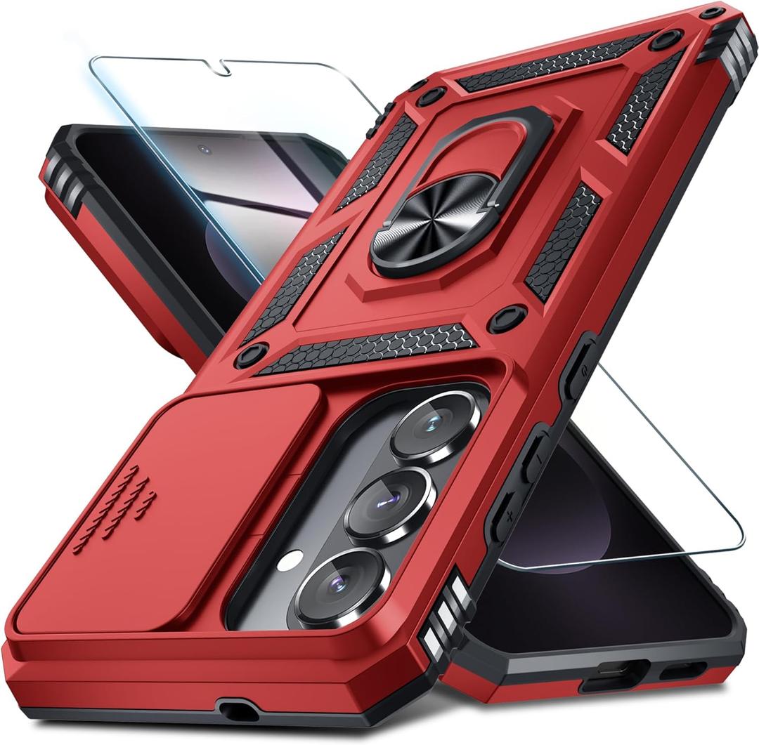 Janmitta Compatible with Samsung Galaxy S26+ Plus Case Built in Slide Camera Lens Cover+Screen Protector+Finger Ring Holder Kickstand,Heavy Duty Shockproof Full Body Phone Cover,2026 Red
