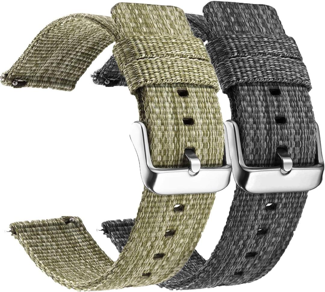2 pcs 20mm 22mm Canvas Quick Release Watch Band, Universal Ballistic Nylon Woven Loop Replacement Strap Wristband Buckle Fastener Adjustable Closure for Smart-watch Sport Fitness Tracker (Green + Gray)