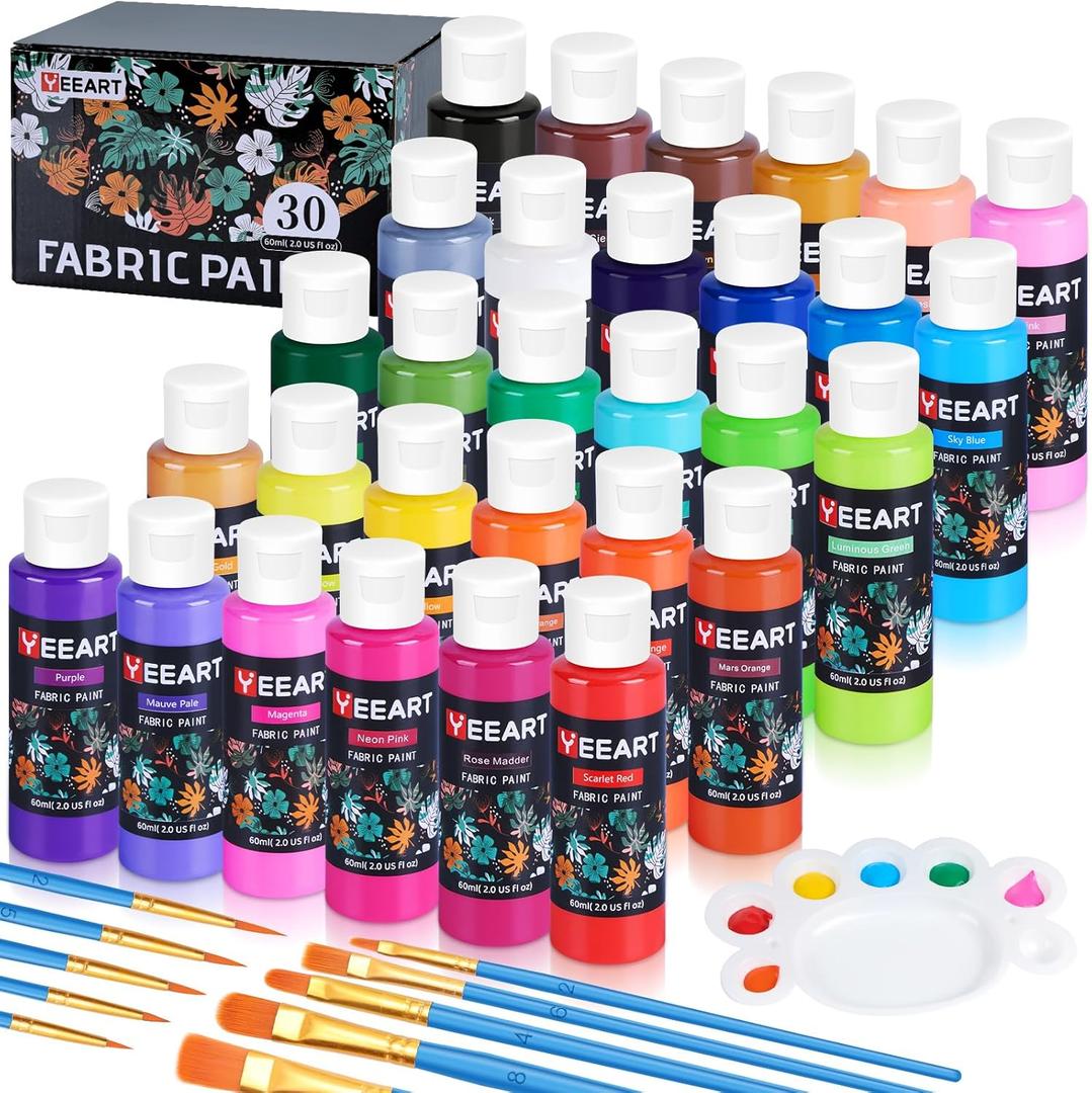 Fabric Paint, Year 30 Colors Permanent Soft Fabric Paint Set for Clothes in Bottles (60ml/2oz) with 10 Brushes, Palette, Non-Toxic Textile Paint Art Supplies for Clothes, Canvas, T-Shirts, Jeans, Bags & Art Crafts