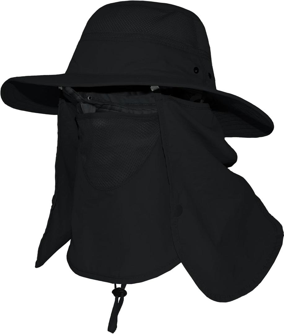 Wide Brim Sun Hat with Detachable Face Cover & Neck Flap Waterproof Safari Fishing UPF 50+ UV Protection Hat for Men Women (Black)