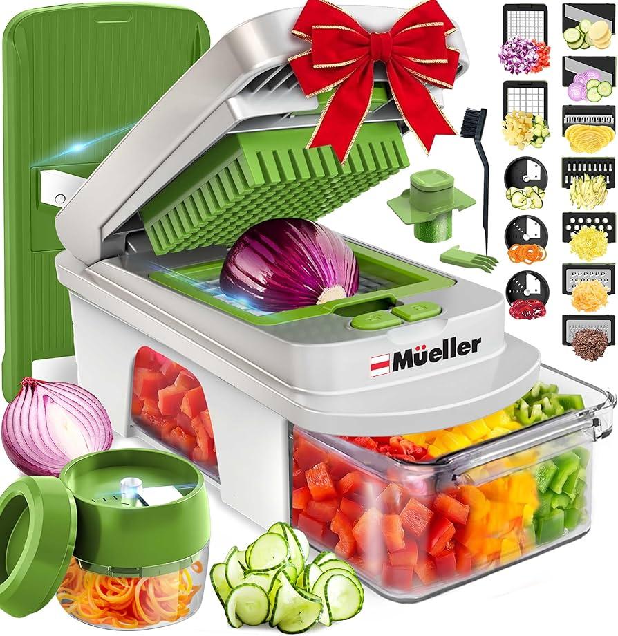 Mueller Pro-Series V Blade Veggie Chopper, Egg Slicer, Spiralizer, Dicer, Cutter, Food Chopper, Gifts for Mom, Kitchen Accessories & Kitchen Essentials with Food Container and Lid White Sand/Green