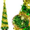 5FT Pop up Christmas Tree Decoration for Indoor, Gold Green Tinsel Pencil Tree with Lights, Mini Sparkling Sequins Pre-lit Christmas Tree Small Artificial Pencil Tree Lighted up Decoration