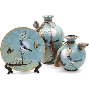 Ceramic Vase Set of 3 for Living Room Decoration, Chinese Classical Vases Set, Blue