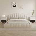 Merax Queen Size Floor Platform Bed Frame,Velvet Upholstered Bedframe with Shell-Shaped Headboard and Cushioning All Around Guards for Bedroom,No Box Spring Needed,Beige