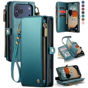 Defencase for iPhone 17 Pro Max Case Wallet with RFID Blocking Card Holder for Women Men, Fashion PU Leather Magnetic Snap Flip Zipper Strap Wallet Phone Case for iPhone 17 Pro Max 6.9", Blue Green