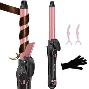 Rotating Curling Iron 1 Inch - Automatic Hair Curler Dual Voltage for All Hair Type, Fast & Effortless Auto Curling Wand with Fast Heating LCD Display 250F-450F for Lasting Beach Waves (Pink)