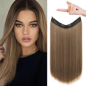 REECHO Invisible Wire Hair Extensions with Transparent Headband Adjustable Size Removable Secure Clips in Straight Secret Hairpiece for Women (16 Inch (Pack of 1), Light Ash Brown with Highlights)