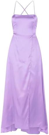 Women's Long Prom Gown Featuring Pocketsshoulder Design, Delicate Strapssatin Slip Dress Ideal for Evening Dinners (Purple B, Small)