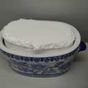 Blue and White Ceramic Planter Pot Vintage Floral Oval Cachepot Vase for Indoor Plants, Flowers & Succulents Glazed Chinese Porcelain Style Decorative Bowl 10.6" Size No Drainage