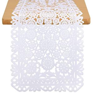 14 x 84 Inches Mexican Party Table Runner White Papel Picado Tablecloth Runner Fabric Table Decoration for Cinco De Mayo Mexican Wedding Fiesta Party Supplies (3)