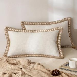 MIULEE Pack of 2 Decorative Throw Pillow Covers Modern Farmhouse Outdoor Pillow Covers Neutral Linen Burlap Cushions for Couch Bed Living Room Sofa, Natural White 12 x 20 inches 30 x 50 cm