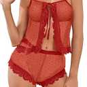 UNCLECAT Sexy Women Lace Pajamas Lingerie Set High Waist Sheer Sleepwear Polka Dot Bow Ties Cami Shorts Set, Medium
