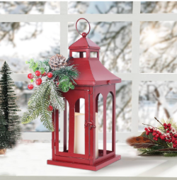 Christmas Decorations for Home, Decorative Christmas Lantern Indoor Outdoor Decor, Metal Hanging Candle Holder with Xmas Teardrop Wreath and LED Candle for Table Centerpieces, Patio (Red), 14,2"