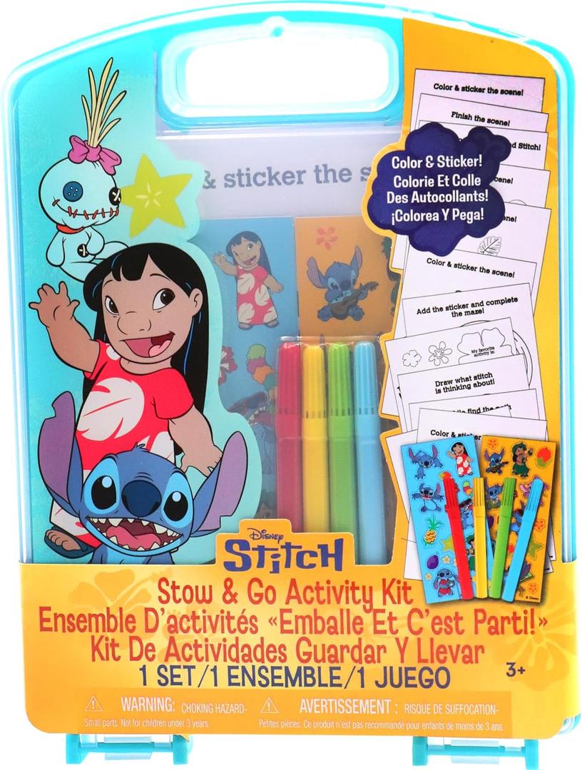 Disney Stitch Stow & Go Activity Kit  17-Piece Travel Art Set with Coloring Sheets, Crayons, Stickers & Carrying Case  Preschool Creative Kit for Ages 3+