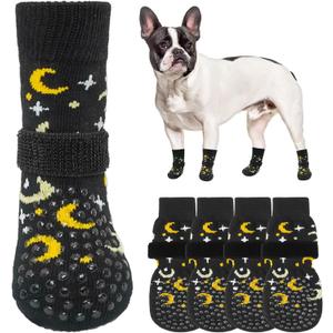 SCENEREAL 6Pcs Anti Slip Dog Socks to Prevent Licking Paws for Hot/Cold Pavement, Dog Grippy Socks for Hardwood Floors, Dog Shoes for Boots & Paw Protectors for Puppy Small Medium Large Senior Dogs (S(Pack of 4+2), Black Moon Star)