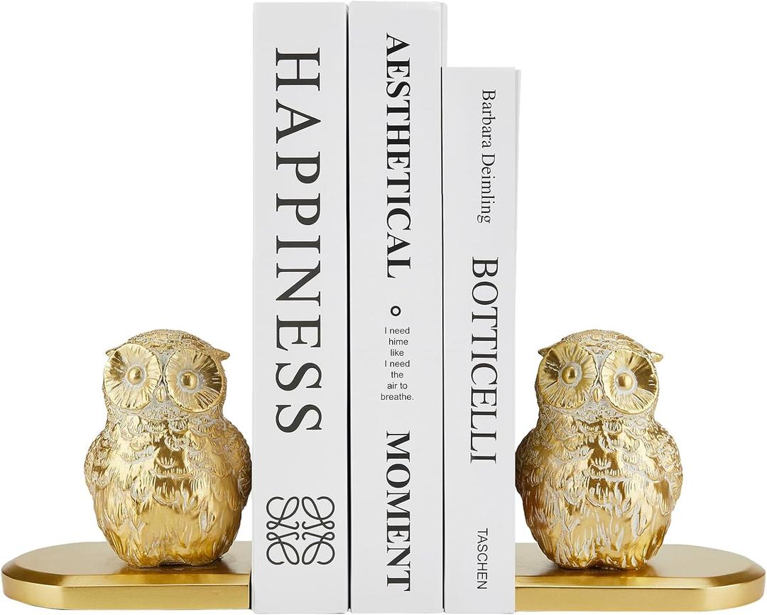Book Ends Decorative, Owl Bookends Gold Bird Bookends for Shelves, Kids Rooms, Non-Skid Bookend, Heavy Duty Resin Book Stopper for Books, Decorative Holder, 9.05 * 3.7 * 4.72'' Gold with White