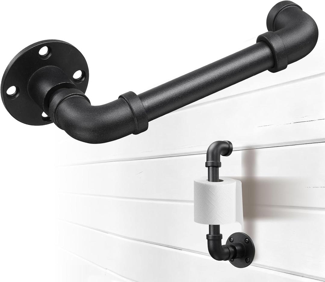 Industrial Toilet Paper Holder Wall Mount  Heavy Duty Screw Mounted Bathroom Tissue Holder Fits 8 Rolls,Rustproof Metal Pipe Style for Kitchen Cabinet,Bathroom Toilet,Contertop Hand RollMatte Black
