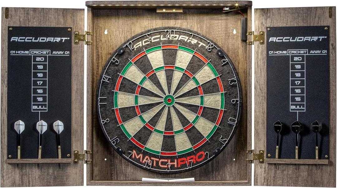 Accudart Match Pro Dartboard Cabinet Set - Official Size - Self Healing Sisal - Modern Style Woodgrain - Two Built-in Dartholders - LED Lighting - Includes Scoreboard, Chalk, Eraser, and Six Darts