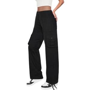 High Waist Stretch Cargo Pants Women 6 Pockets Relaxed Fit Straight Wide Leg Y2K Pants (US, Alpha, X-Large, Regular) Black