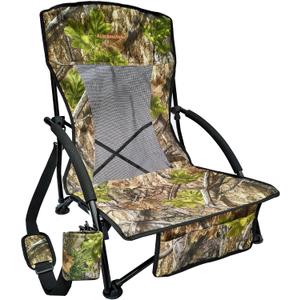 AUSCAMOTEK Low Profile Hunting Chair, Portable Folding Camo Ground Blind Chaise Longue with Shoulder Strap, Cup Holder, Mesh Backrest, Carry Bag & Storage Pouch, Ideal for Turkey Hunting & Outdoors