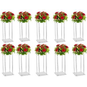 10 Pcs Acrylic Clear Vases for Wedding Centerpieces, 23.62in Tall Flower Stand, Engagement Home Party Table Decor Centerpiece Vases, Rectangular Acrylic Flower Stand with 50 Pcs Gold Napkin Rings
