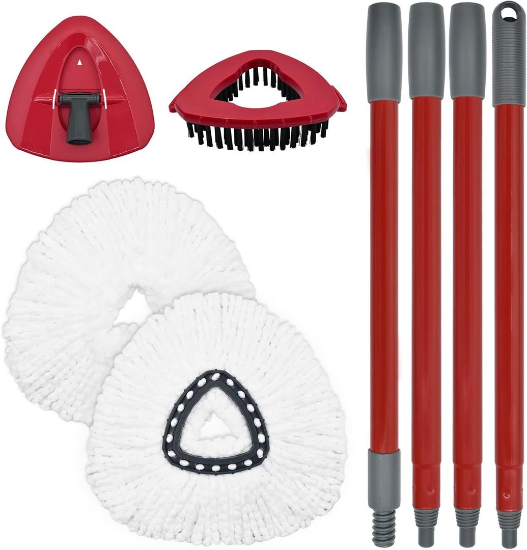 Mop Replace Head Mop Handle for O Cedar Mop, Mop Replacement for Ocedar Spin Mop Includes 2 Mop Heads Replacements 4-Section Mop Handle 1 Mop Base 1 Scrubber Mop Head for O-Cedar Spin Mop