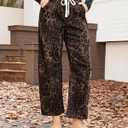 GRAPENT Barrel Jeans for Women Trendy High Waisted Pull On Wide Leg Cropped Leopard Cheetah Print Stretchy Denim Pants (Medium)