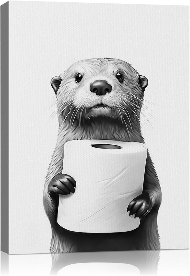 Adorable Otter Bathroom Wall Art Black and White Animal Canvas Art Prints,Cute Otter Clutching A Tissue Funny Wall Decor Modern Humorous Artwork for Restroom Rustic Farmhouse Washroom Animal Prints (11"L x 14"W)