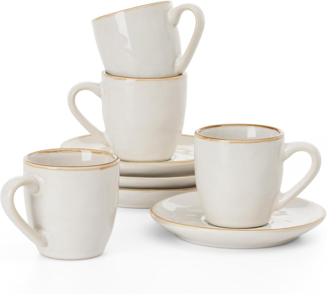 famiware Ocean Espresso Cups with Saucers Set of 4, 3.34oz Espresso Cup Set, Coffee Mug Set for Latte, Macchiato, Stoneware Demitasse Cups Set for Cafe, Microwave&Dishwasher Safe, Cappuccino White