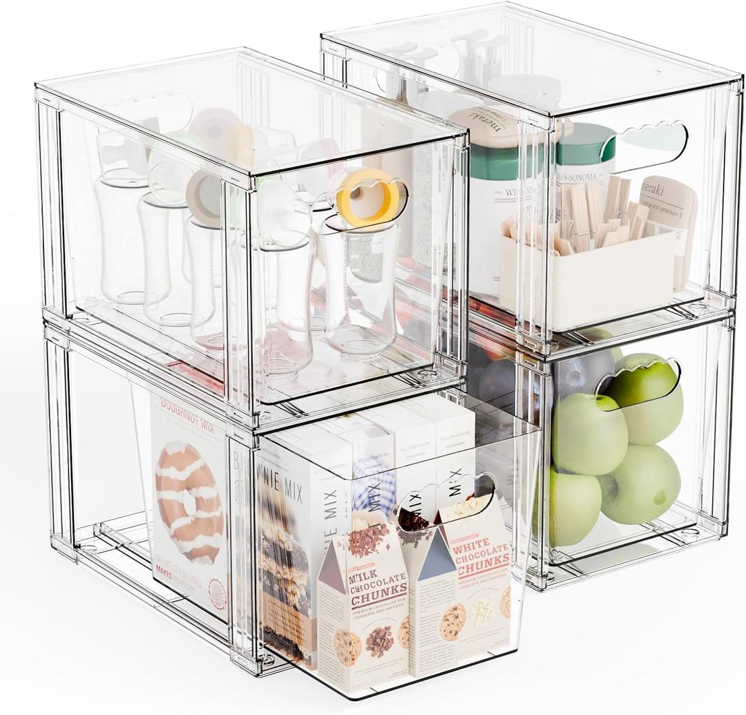 Yieach 4 Pack Large Stackable Storage Drawers,11Deep Under Cabinet Organizer,Baby Bottle Organizer,Clear Stacking Pull Out Drawer,Acrylic Storage Containers Bins for Organizing Snack,Medicine,Makeup