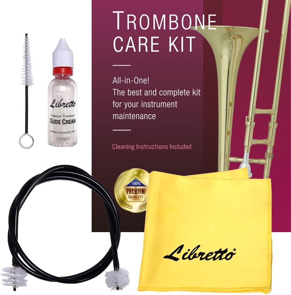Libretto Trombone All-Inclusive Care Kit: Flexible Bore Brush + Mouthpiece Brush + Slide Oil+ Microfiber Cleaning Cloth + Slide Grease, w/Handy Case, Time to Clean & Extend Life of Your Trombone!