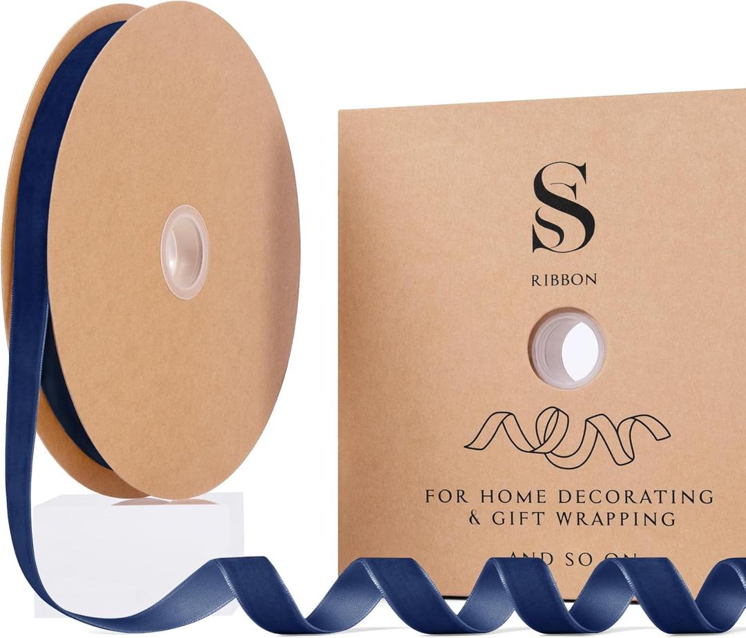 Navy Blue Christmas Velvet Ribbon for Tree, Gift Wrapping, Flower Bouquet, Wreath Decorations, Bow Making 5/8'', 25 Yards