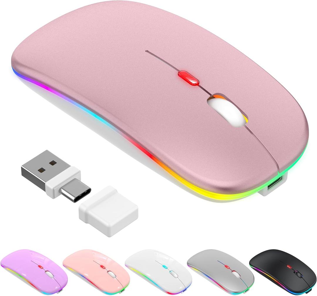 LED Bluetooth Wireless Mouse for MacBook Air Mac Pro Laptop iPad Rechargeable Silent Light-Up Optical Mouse with Jiggler Dual Mode BT5.2 & USB-A/USB-C for Students, Kids, Girls, Boys Rose Gold