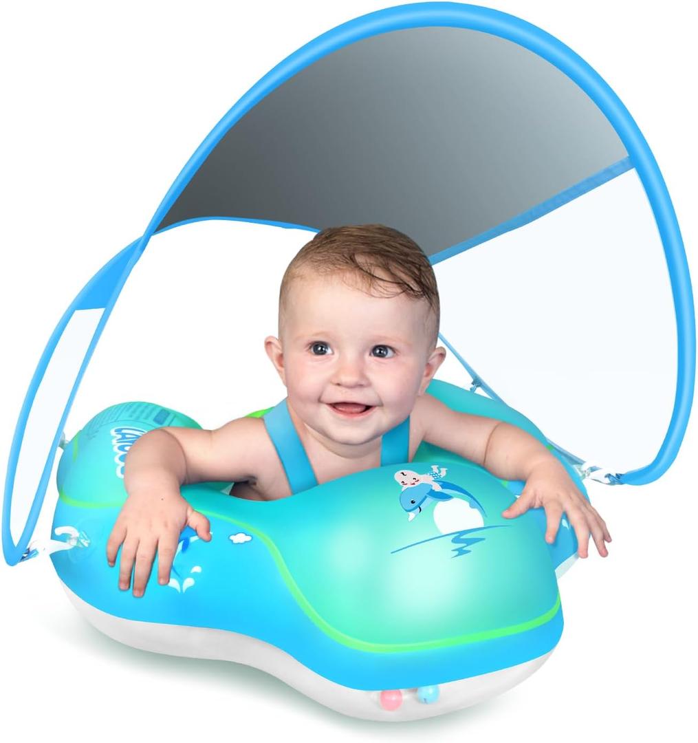 LAYCOL Baby Swimming Float Inflatable Baby Pool Float Ring with Sun Protection Canopy,add Tail no flip Over for Age of 3-36 Months (Large, Blue)