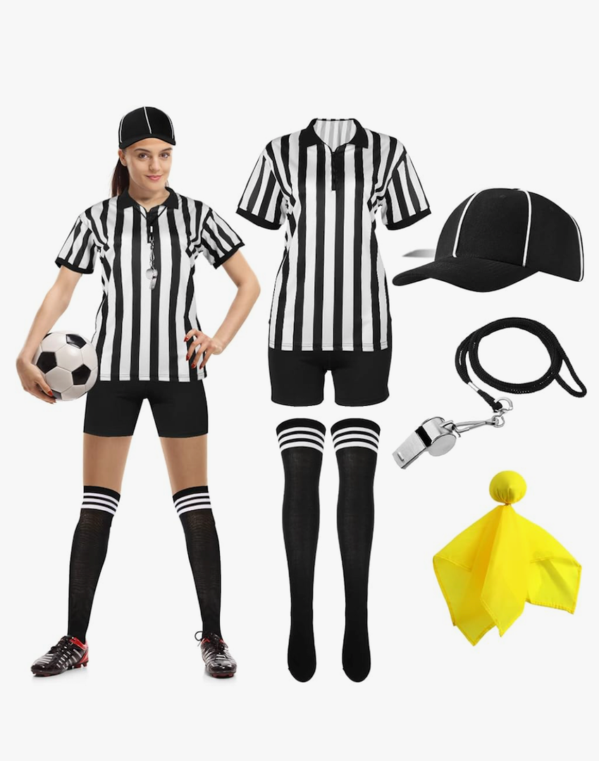 Women Referee Costume Black and White Stripe Ref Shirt Jersey Shorts Referee Hat for Carnival Party Halloween Cosplay Party, Size:XXL