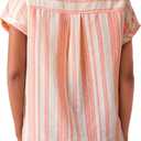 Astylish Womens Striped Henley Neck Linen Shirt Casual Button Down Cap Sleeve Blouse Tops (M)