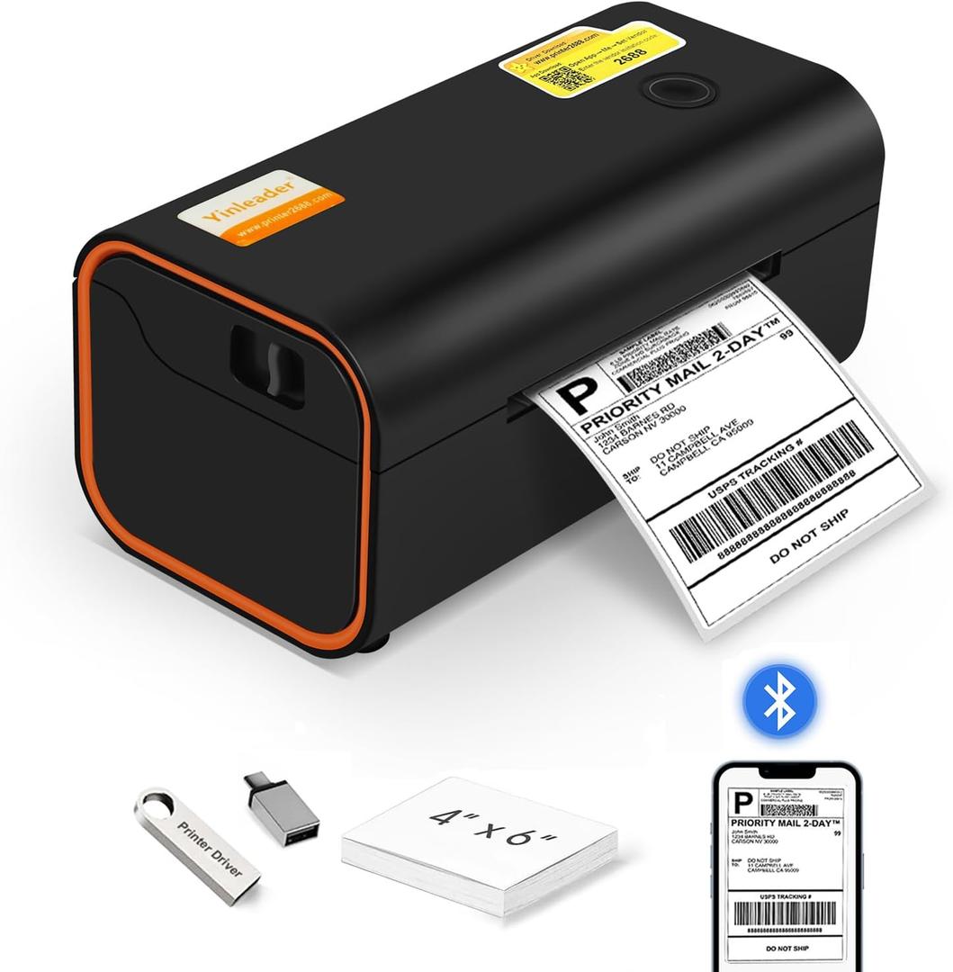Yinleader Shipping Label Printer, 4x6 Thermal Bluetooth Label Printer Compatible with Windows, Mac OS, ChromeOS, iOS and Android, Amazon, Ebay, UPS, USPS, FedEx, Shopify (Black)