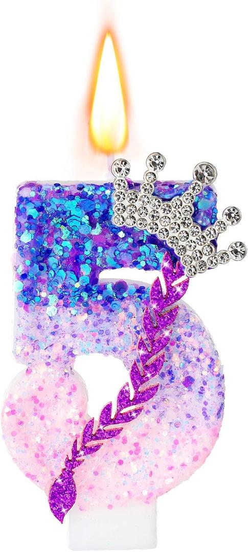 Sumind Kpop Birthday Number Candles, Purple Pink Birthday Candles for Cake, Glitter Number Cake Topper with Sequins for Celebrating Anniversary Theme Decorations(Braid Crown,5)