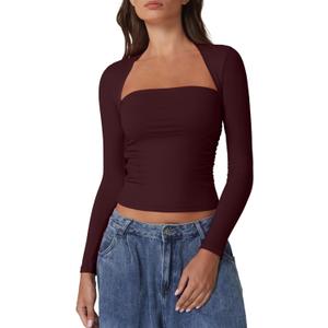 QINSEN Long Sleeve Square Neck Tops for Women Double Lined Side Ruching Going Out Shirts Basic Tee (X-Large, Burgundy)