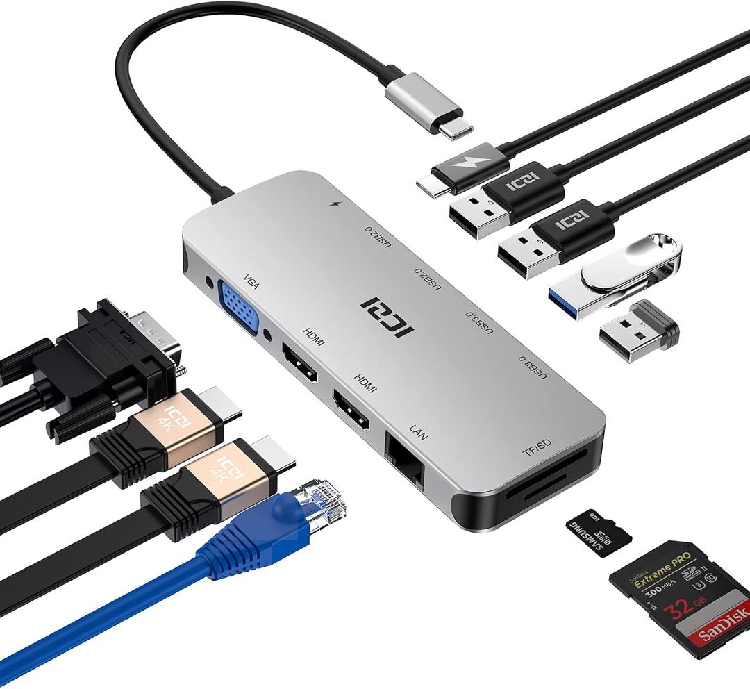 USB C Hub, USB C Docking Station with 4K HDMI, Laptop Docking Station Triple Display, ICZI 11 in 1 USB C Multi-Port Adapter for MacBook and Windows(2 HDMI 4K+VGA+100W PD+4 USB Ports+Ethernet+SD/TF)