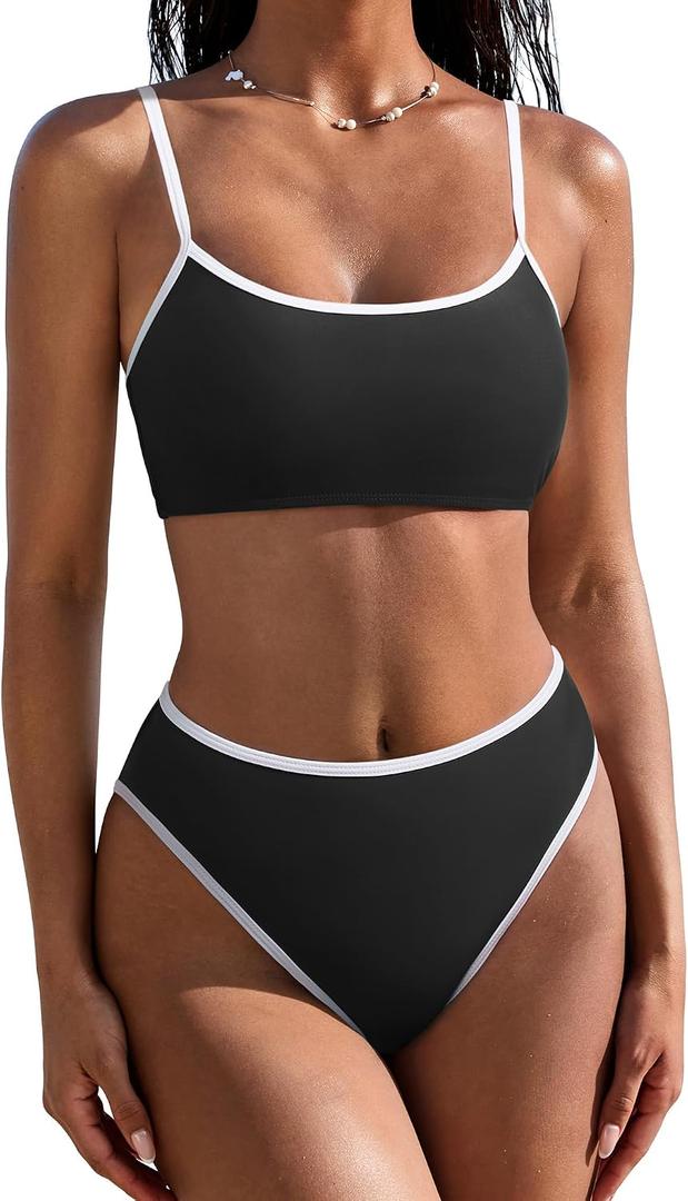 SUUKSESS Women High Waisted 2 Piece Bikini Set Cheeky High Cut Bandeau Swimsuit (Black, M)