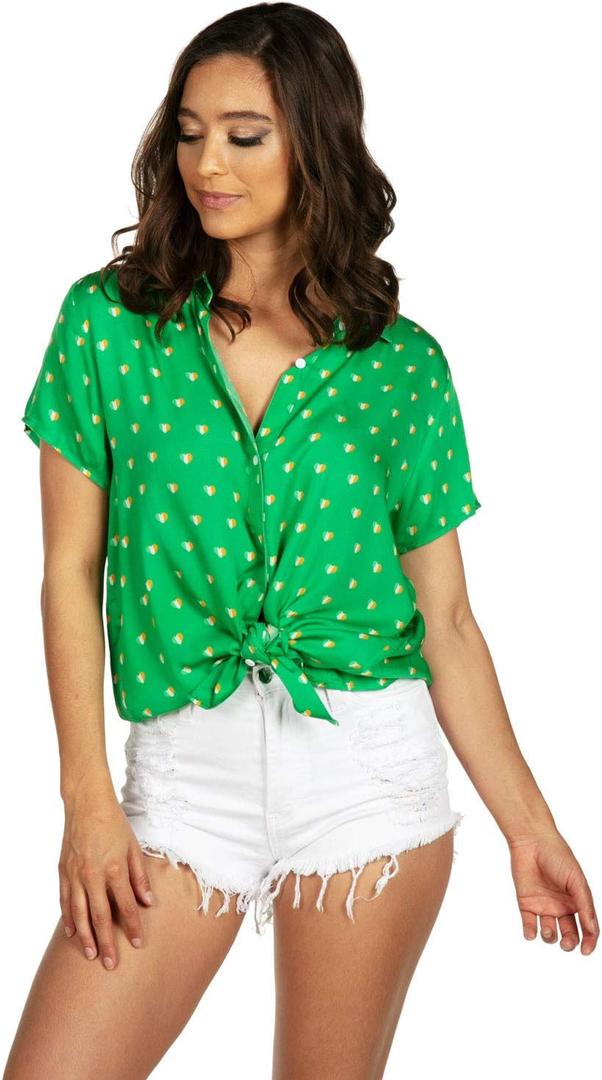 Tipsy Elves St Patricks Day Hawaiian Shirts for Women - Casual St. Paddys Womens Short Sleeve Button Down Shirt (X-Small, Button-down Irish Heart (Green))